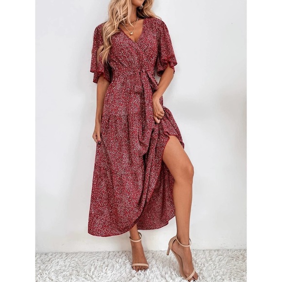 polka dot Short Sleeve Ruffle Hem Belted maxi Dress red - Picture 6 of 6